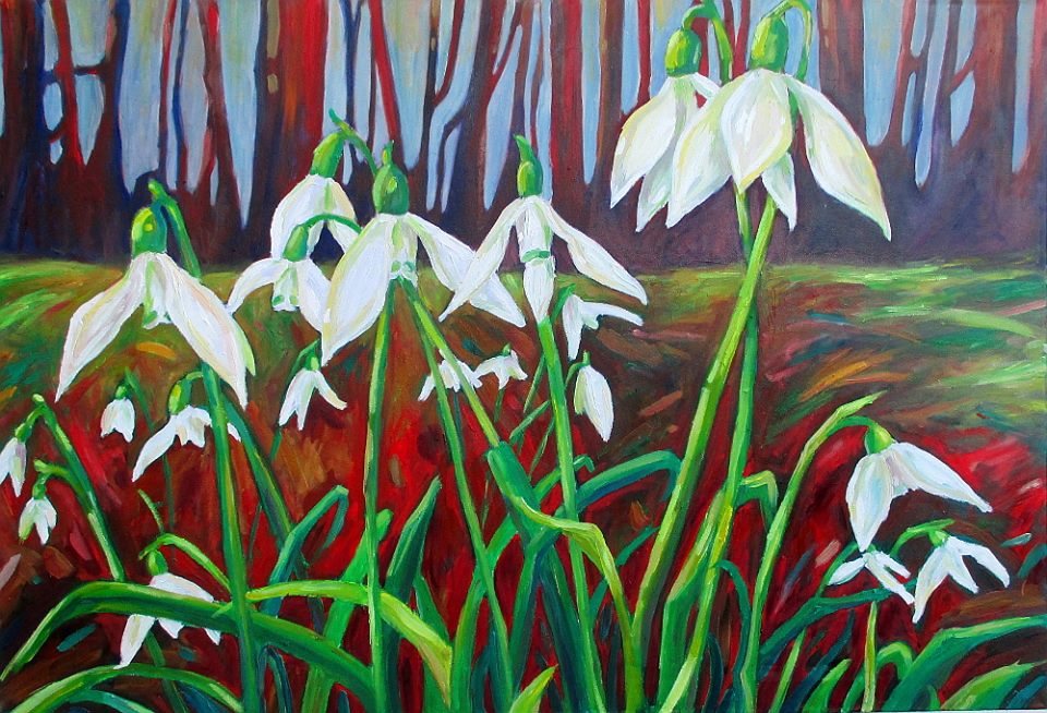 Schneeglöckchen in Orth an der Donau, Öl auf Leinwand, 80 x 90 cm